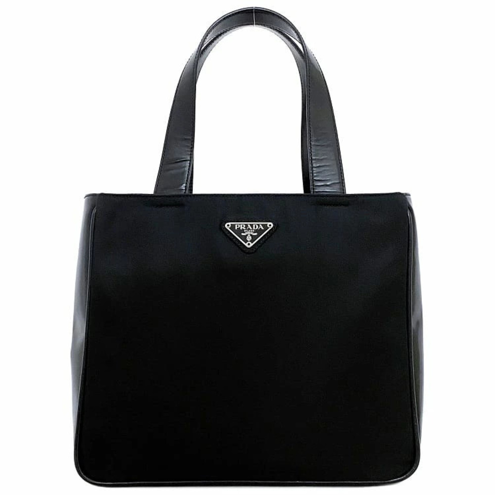 Prada Handbag Black Silver Tessuto Patent Vernis Triangle Plate Tote Bag